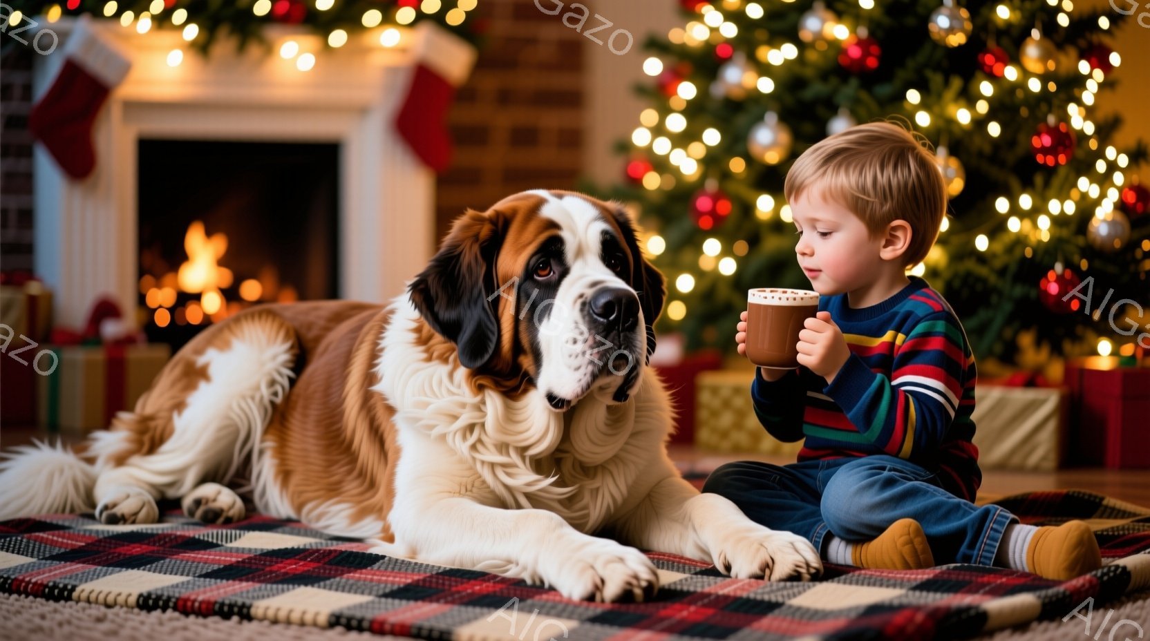 暖炉の前で、毛並みの美しいセントバーナード犬が横たわり、小さな少年がホットチョコレートを飲んでいます。少年はストライプのセーターとジーンズ姿で、暖炉のそばの赤いチェックの敷物の上に座り、満足げな表情で - AI生成フリー素材