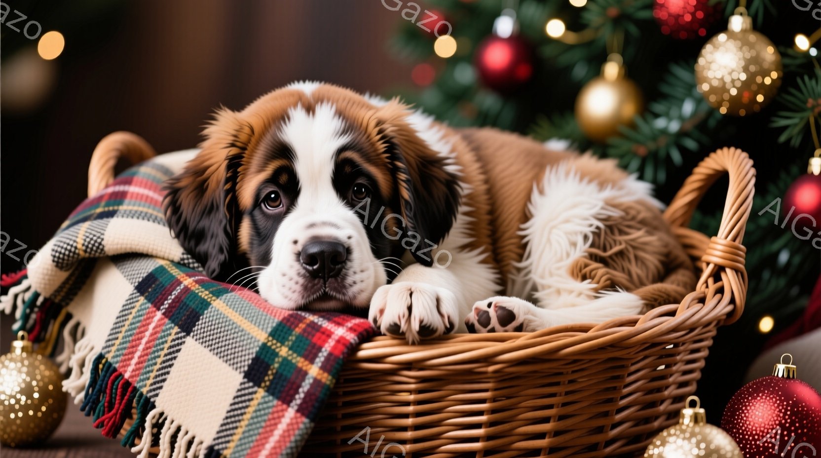 柔らかい毛並みのセントバーナードの子犬が、チェック柄のブランケットに包まれた籐のバスケットの中でリラックスして眠っています。背景には、ぼやけたクリスマスツリーと輝くオーナメントが見え、暖かく、穏やかな - AI生成フリー素材