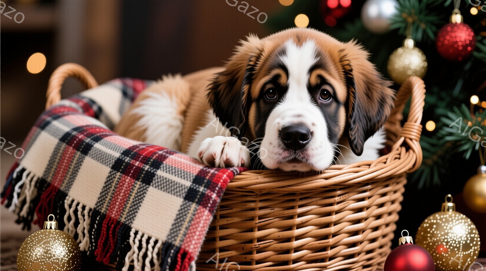 籐で編まれたバスケットの中に、ふわふわの毛並みのセント・バーナードの子犬が横たわっています。赤いチェック柄のブランケットが子犬の頭の横に敷かれており、穏やかで優しい表情で正面を見つめています。背景には - AI生成フリー素材