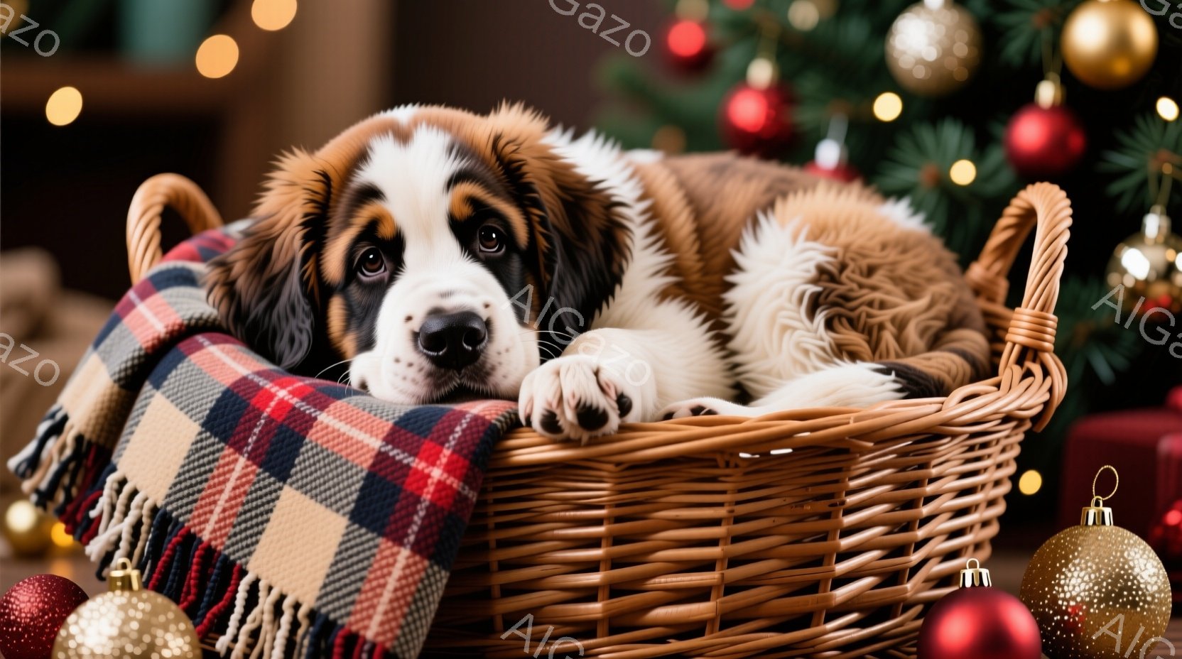 大きなセントバーナード犬が、格子柄の毛布が敷かれた籐のバスケットの中に横たわっています。犬はリラックスした表情で、片方の前足をバスケットの縁にかけ、穏やかな視線をこちらに向けています。背景には、クリスマスツリーや飾り付けのオーナメントが見え、暖かくお祝いムードに包まれた空間を演出しています。