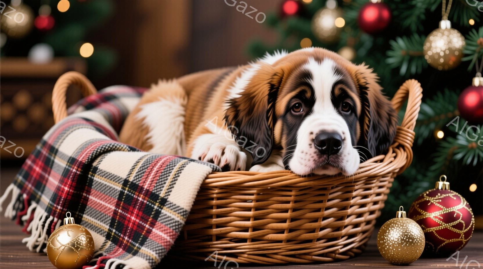 大きなセントバーナード犬が、チェック柄のブランケットが敷かれた編みバスケットにゆったりと横たわっています。背景にはクリスマスツリーがぼやけて見え、赤い、金色のオーナメントが周囲に散りばめられています。 - AI生成フリー素材