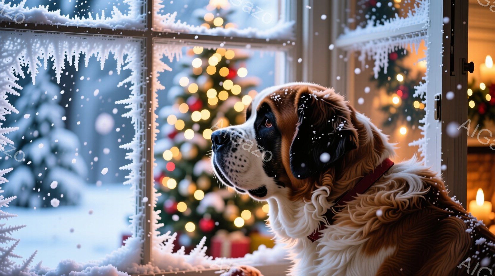 窓辺に座ったセント・バーナード犬が、雪景色を眺めています。その表情は穏やかで、少し物憂げな様子も伺えます。背景にはクリスマスツリーが飾られ、暖かく幻想的な雰囲気を醸し出しています。 - AI生成フリー素材