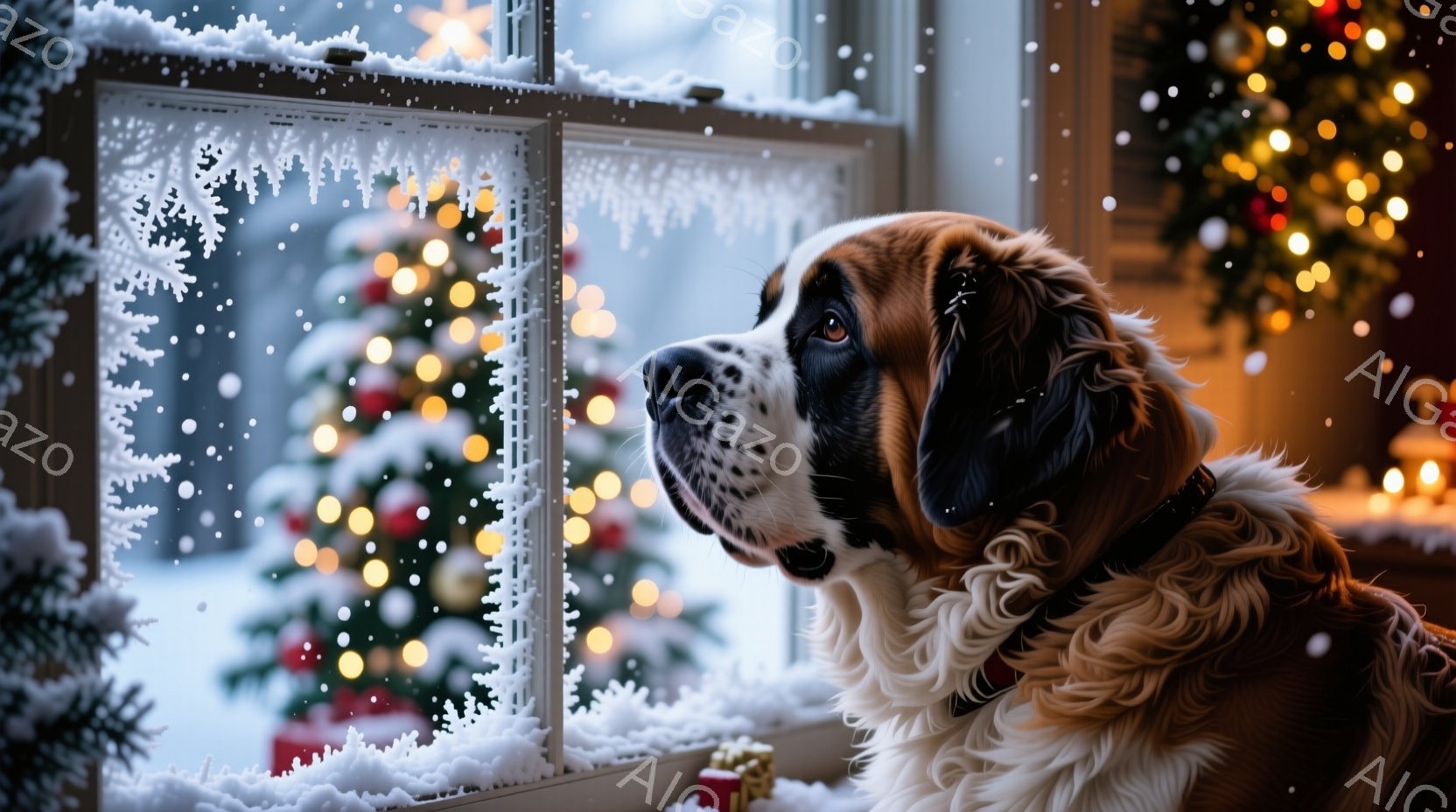 窓辺に座って外を見つめるセントバーナード犬が写っています。雪が降り積もり、ぼやけたクリスマスツリーが背景に見え、温かく、落ち着いた雰囲気を作り出しています。犬は茶色と白の毛並みを持ち、少し悲しげな表情 - AI生成フリー素材