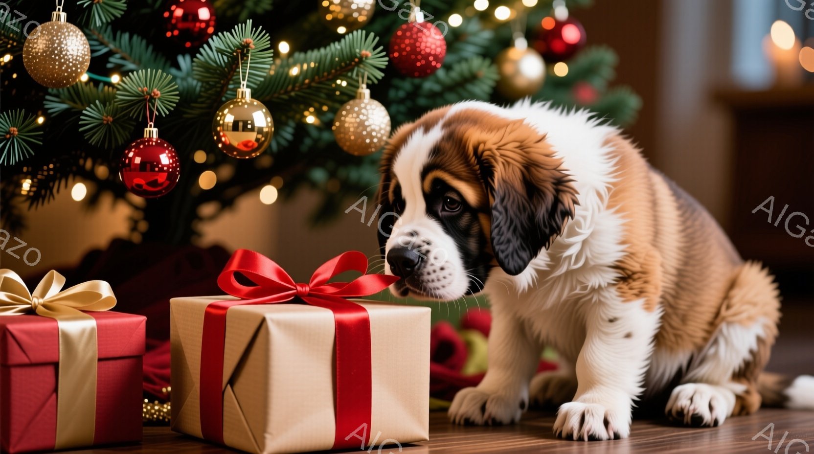 クリスマスツリーの足元に、ラッピングされたプレゼントがいくつか置かれています。ふわふわの毛並みを持つセントバーナードの子犬が、プレゼントの横に座り、興味深そうにプレゼントを見つめています。背景にはキラ - AI生成フリー素材