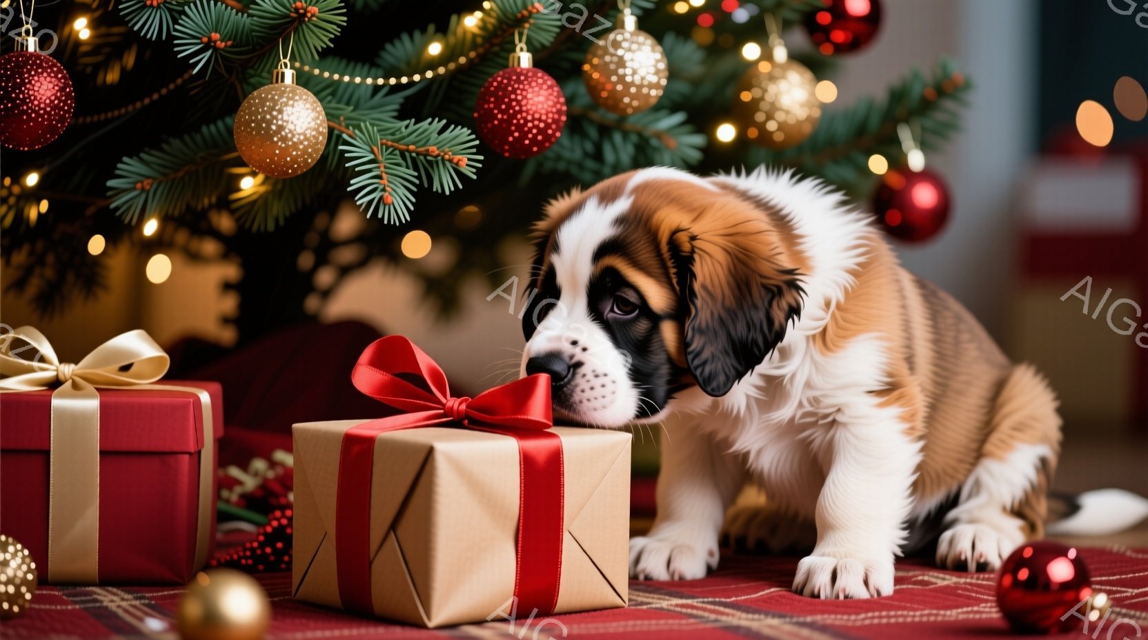 可愛らしいセントバーナードの子犬が、赤いリボンで飾られたプレゼントの箱を鼻でそっと突いています。背景にはクリスマスツリーが飾り付けられ、赤いオーナメントやキラキラ光る電飾が暖かな雰囲気を醸し出していま - AI生成フリー素材