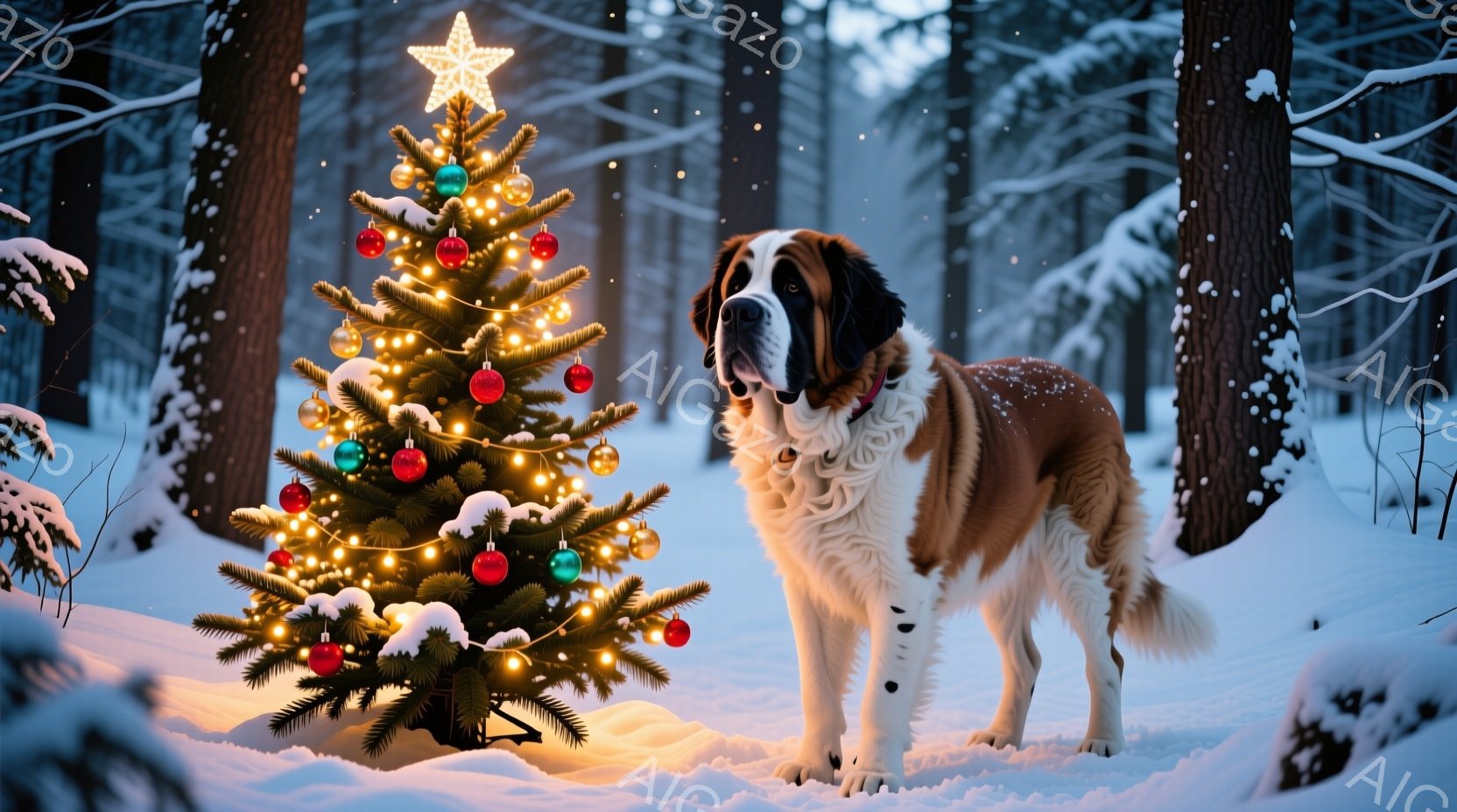 雪が降り積もる森の中に、クリスマスツリーが飾られ、その前にセントバーナード犬が立っている。犬は赤と白の毛並みで、首輪をつけており、穏やかな表情でカメラを見つめている。背景には雪に覆われた木々が立ち並び - AI生成フリー素材