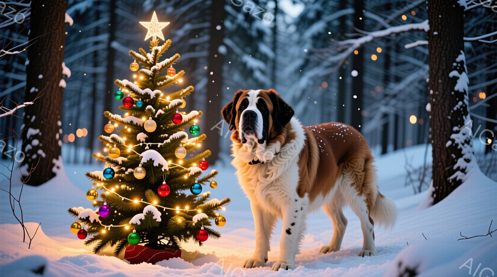 雪景色の中に、飾り付けられたクリスマスツリーと大きなセント・バーナード犬が立っている。犬は茶色と白の毛並みで、首輪をつけて凛とした表情でこちらを見ている。背景には雪に覆われた木々が立ち並び、クリスマス - AI生成フリー素材
