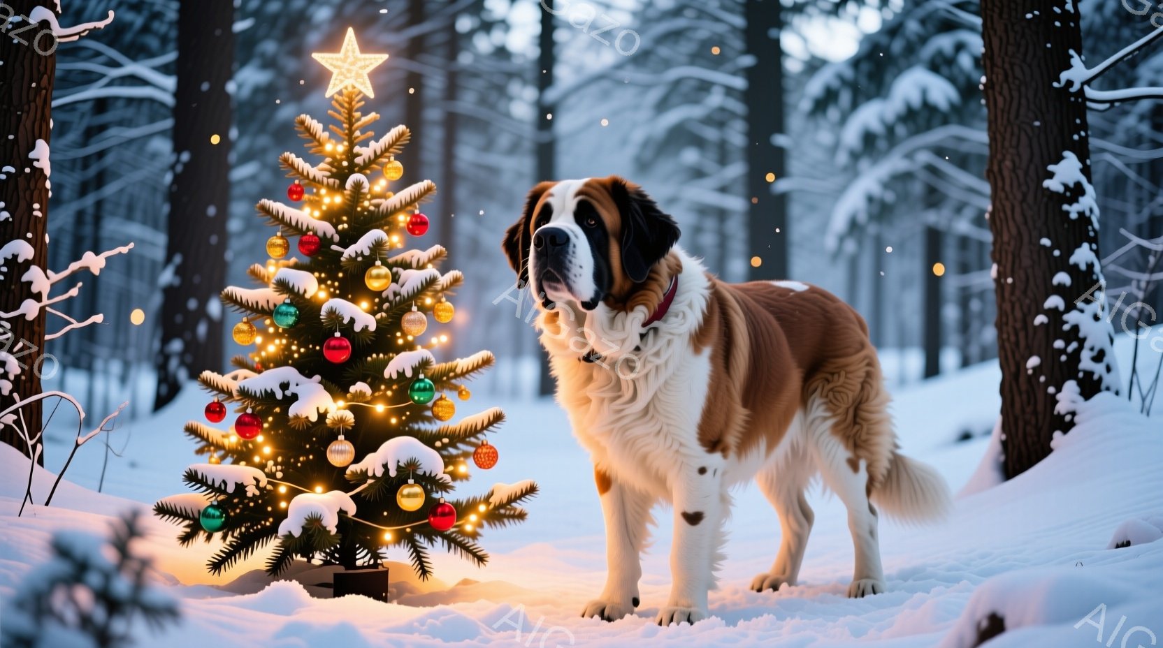 雪景色の中に飾られたクリスマスツリーの前に、大きなセントバーナード犬が立っている。犬は白い毛並みと茶色の斑点模様を持ち、赤い首輪をつけている。背景は雪に覆われた木々で、光が差し込み幻想的な雰囲気を醸し - AI生成フリー素材
