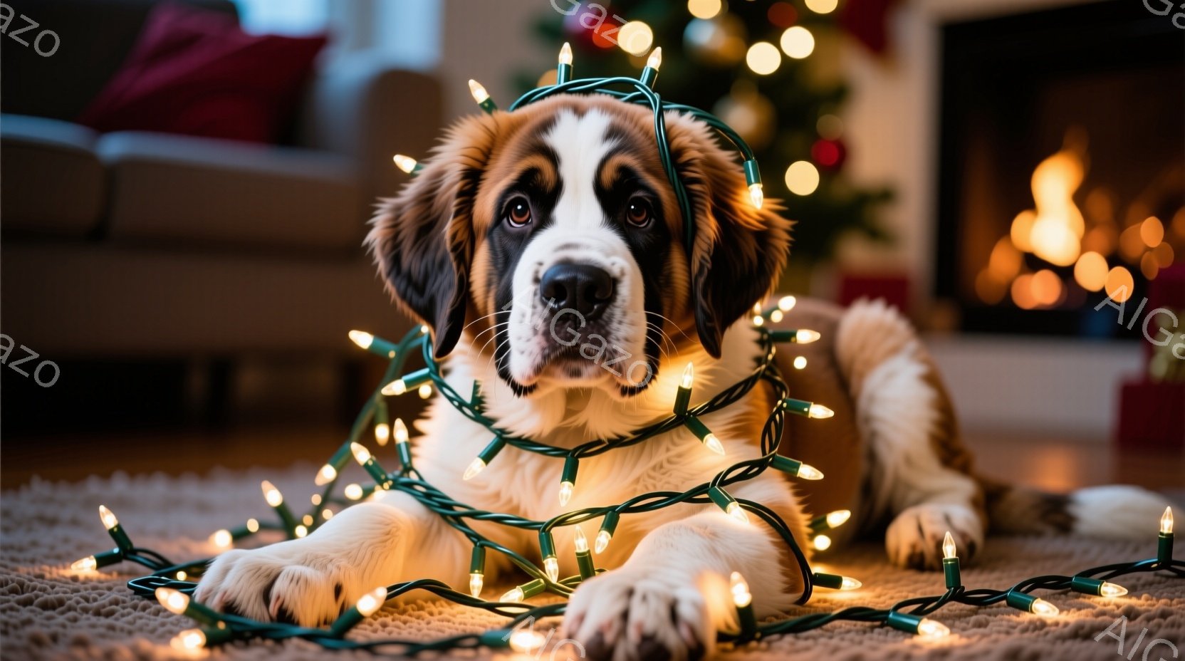 堂々としたセント・バーナード犬が、カーペットの上に横たわり、クリスマスツリーのイルミネーションライトに包まれています。犬は正面を向き、穏やかで落ち着いた表情をしています。背景にはぼやけたクリスマスツリ - AI生成フリー素材