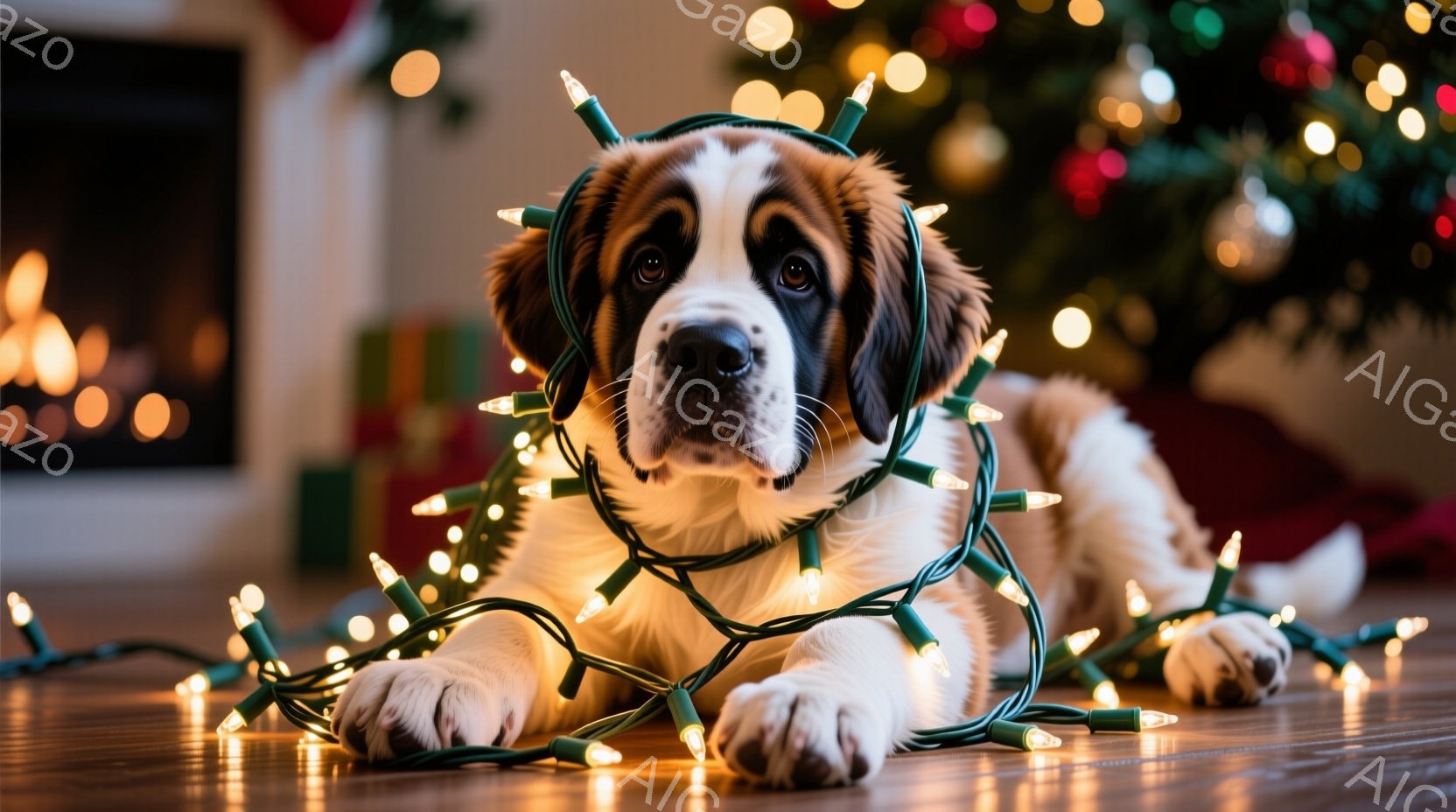 白と茶色のセント・バーナード犬が床に横たわり、クリスマスツリー用の電飾に覆われています。犬は前足を伸ばし、穏やかな表情でカメラを見つめており、リラックスした様子が伺えます。背景には、ぼやけたクリスマス - AI生成フリー素材