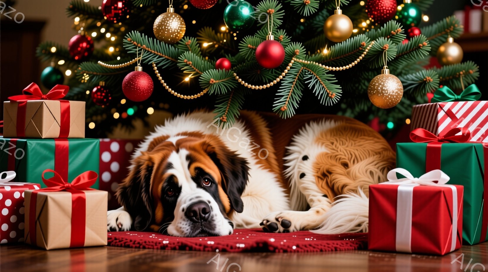 大きなセントバーナード犬が赤い敷物の上に横たわり、クリスマスツリーの周りのプレゼントに囲まれています。犬は穏やかな表情で、リラックスした姿勢でカメラを見つめており、背景にはきらびやかなライトと飾り付け - AI生成フリー素材