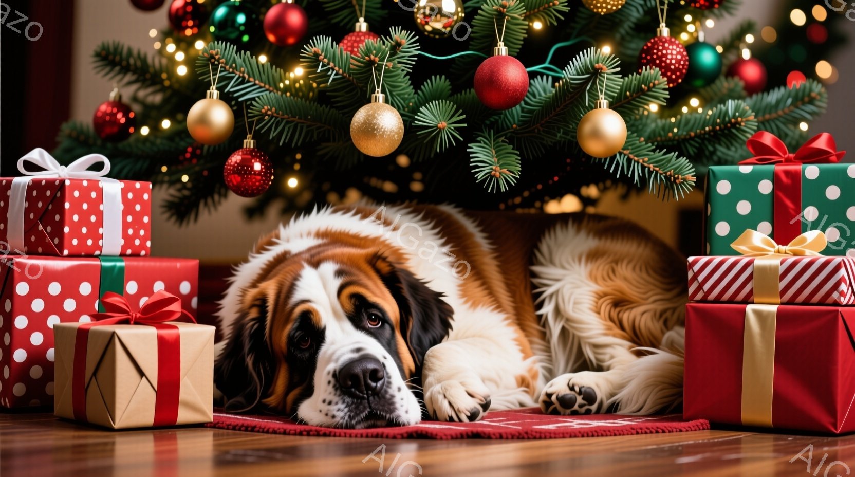 大きなセント・バーナード犬が、クリスマスツリーの下にあるプレゼントの山に囲まれて横たわっています。犬はリラックスした表情で、床に敷かれた赤い敷物の上に快適そうに寝そべっています。背景には緑豊かなクリス - AI生成フリー素材