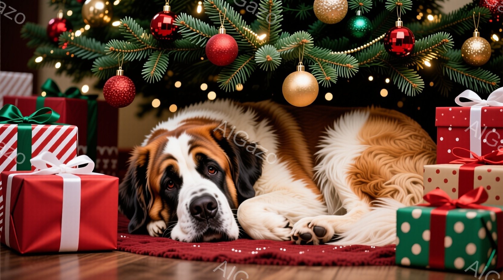 大きなセントバーナード犬が赤い敷物の上に横たわり、クリスマスツリーの周りのプレゼントに囲まれています。犬は落ち着いた表情で、少し眠たげな様子です。背景には、様々な色のオーナメントで飾られたクリスマスツ - AI生成フリー素材
