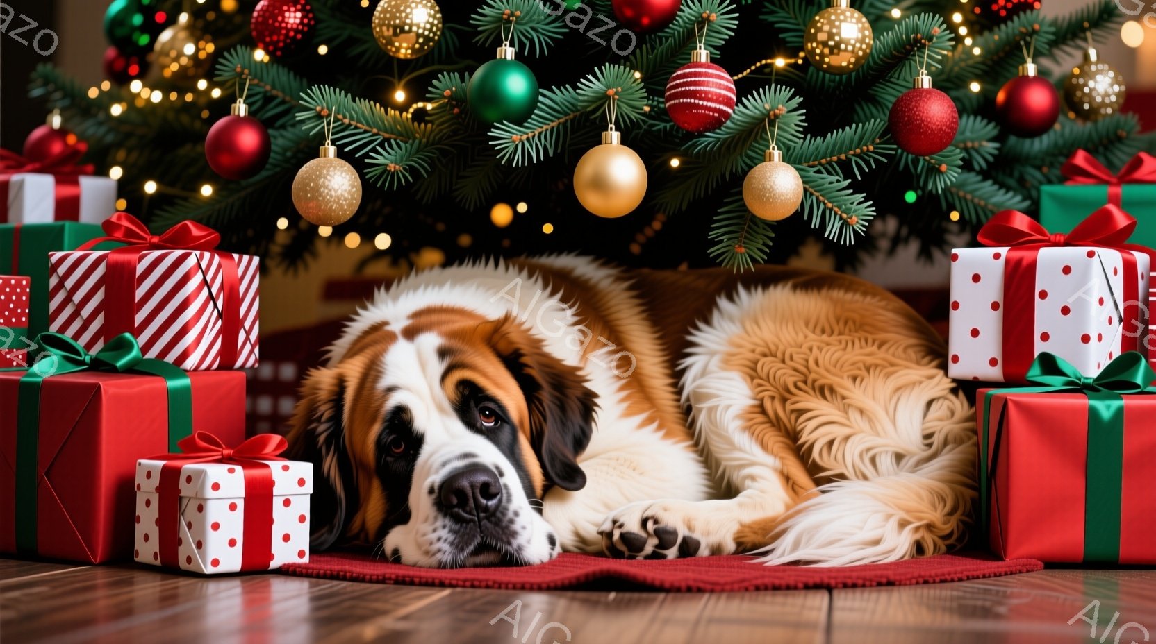 セントバーナード犬が赤い敷物の上に横たわり、周囲には赤い包装紙で包まれたプレゼントが置かれています。犬はリラックスした表情で、どこか憂いを帯びたような視線を投げかけています。背景にはクリスマスツリーが - AI生成フリー素材