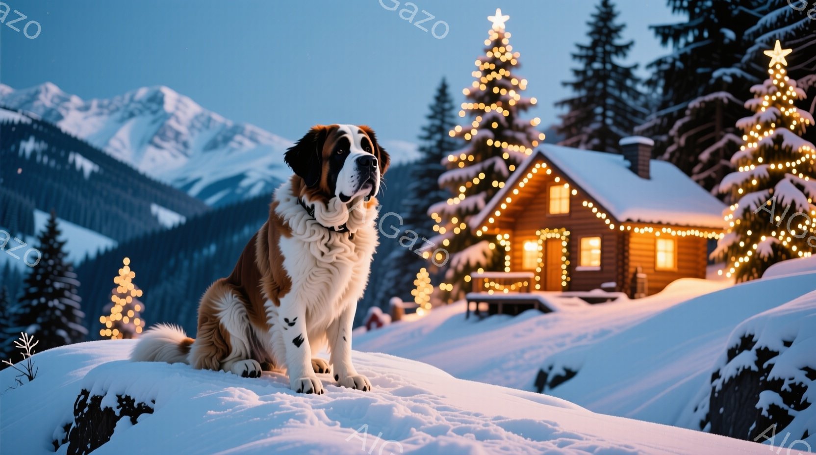 白い毛並みを持つセントバーナード犬が雪原に座っており、穏やかな表情で正面を見つめている。背景には、イルミネーションで飾られた木造の家と雪をまとった山々が広がり、冬の幻想的な雰囲気を醸し出している。雪が - AI生成フリー素材