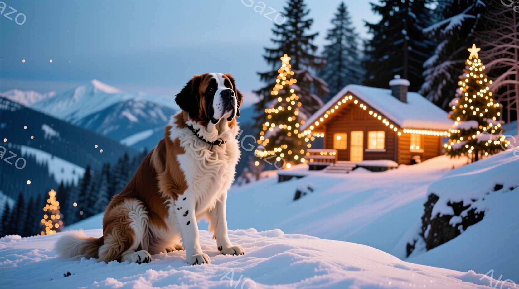 白と茶色の大きな犬が雪の上に座っており、遠くにはクリスマスの飾り付けがされた可愛らしい丸太小屋が見えます。雪景色の中に犬の姿が暖かく映え、背景の山々や暗い青色の空が冬の静けさを強調しています。全体的に - AI生成フリー素材