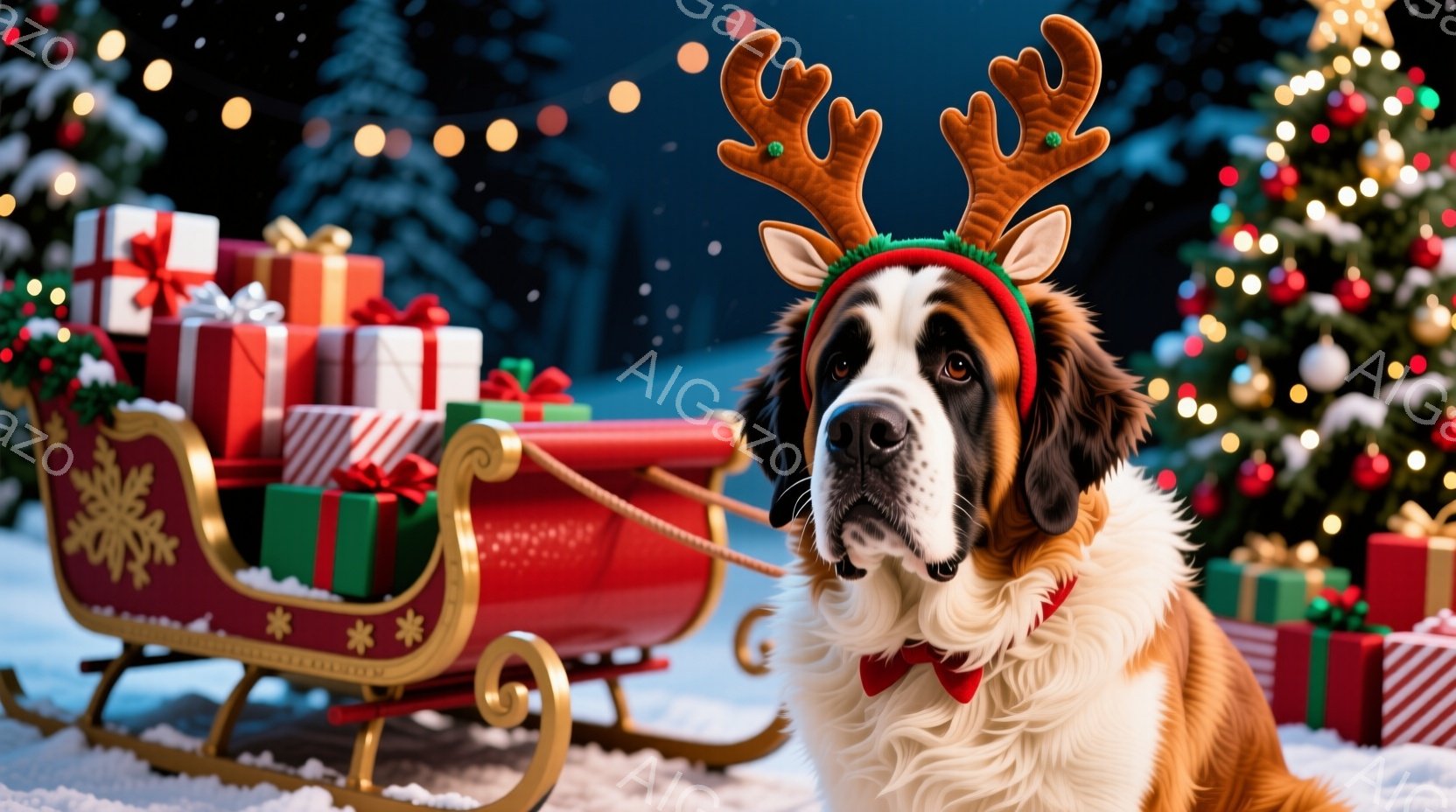 大きなセント・バーナード犬が、クリスマスらしい赤いソリの前に座っています。犬は、トナカイの角の頭飾りと赤い蝶ネクタイをつけており、穏やかで優しい表情をしています。背景には、光り輝くクリスマスツリーやプ - AI生成フリー素材