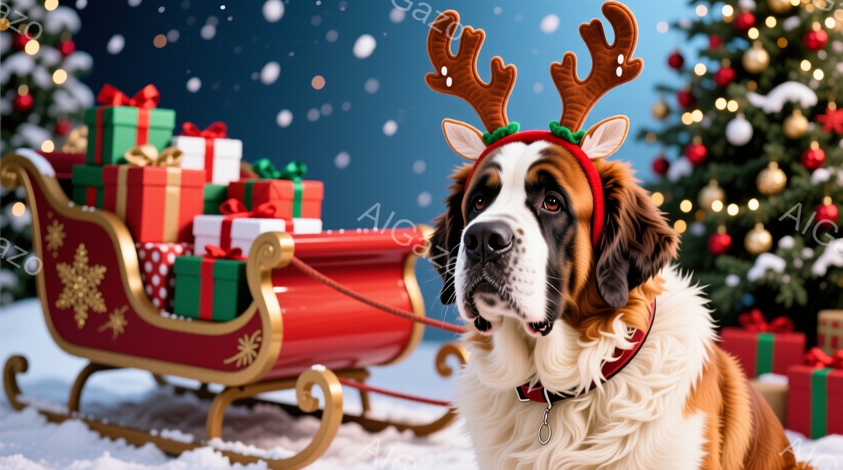大きなセントバーナード犬が、頭にトナカイの角飾りをつけて、雪の上に置かれた赤いソリの前に座っています。犬は首輪をつけており、穏やかで優しい表情をしています。背景には、クリスマスツリーやプレゼントの山が - AI生成フリー素材