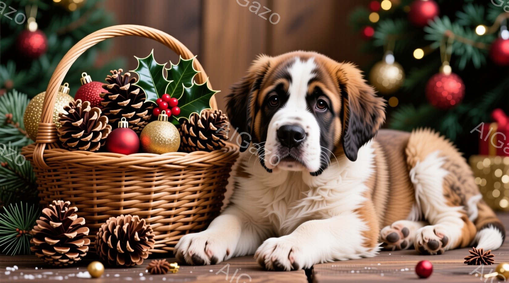 白と茶色のセントバーナードの子犬が、クリスマスの飾りが入った編みかごの横に横たわっています。背景には、緑の木々と輝くオーナメントが飾られた、温かくお祝いムードの空間が広がっています。木製のテーブルの上に、松ぼっくりや赤い実などの自然の要素が散りばめられ、季節の雰囲気を盛り上げています。