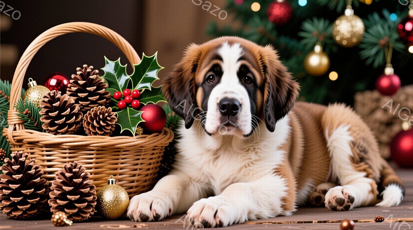 鮮やかなクリスマス装飾に囲まれた、幼いセント・バーナード犬がリラックスして横たわっています。茶色と白の毛並みが美しく、つぶらな瞳でこちらを見つめており、愛らしい表情をしています。背景にはクリスマスツリーがぼんやりと見え、全体的に温かく、穏やかな雰囲気が漂っています。