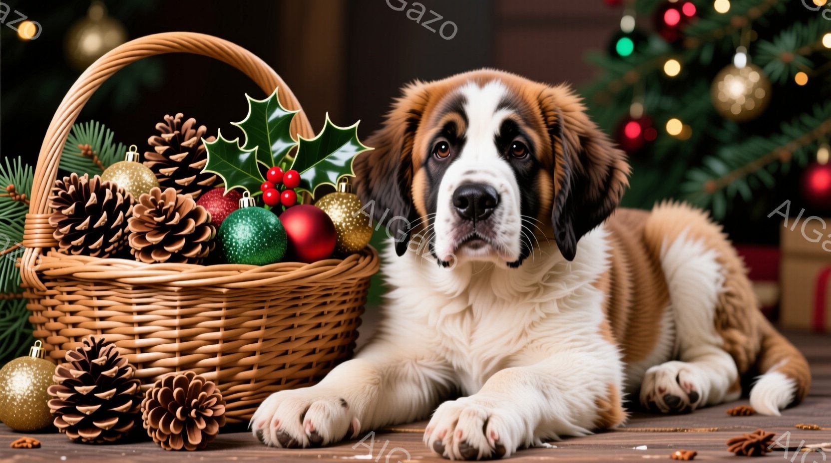 大きなセント・バーナード犬が、クリスマスオーナメントや松ぼっくりが入った籐のバスケットのそばで横たわっています。犬はリラックスした表情で、前足を伸ばして床に置いています。背景にはぼやけたクリスマスツリ - AI生成フリー素材