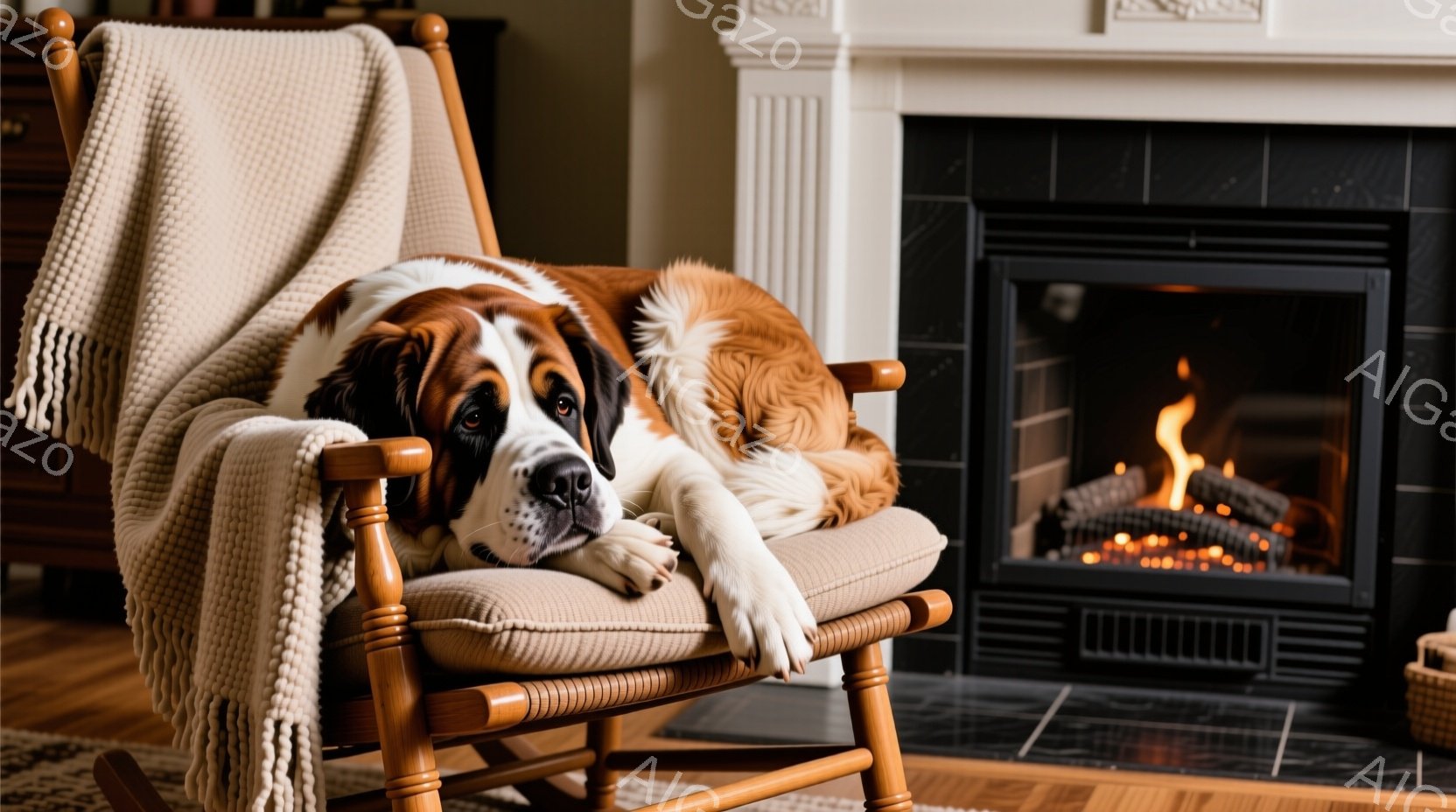 大きなセントバーナード犬が、ベージュ色のクッションが敷かれたロッキングチェアに横たわっている。犬はリラックスした表情で、毛並みが美しく、まるでソファに座っているかのようにくつろいでいる。背景にはレンガ - AI生成フリー素材