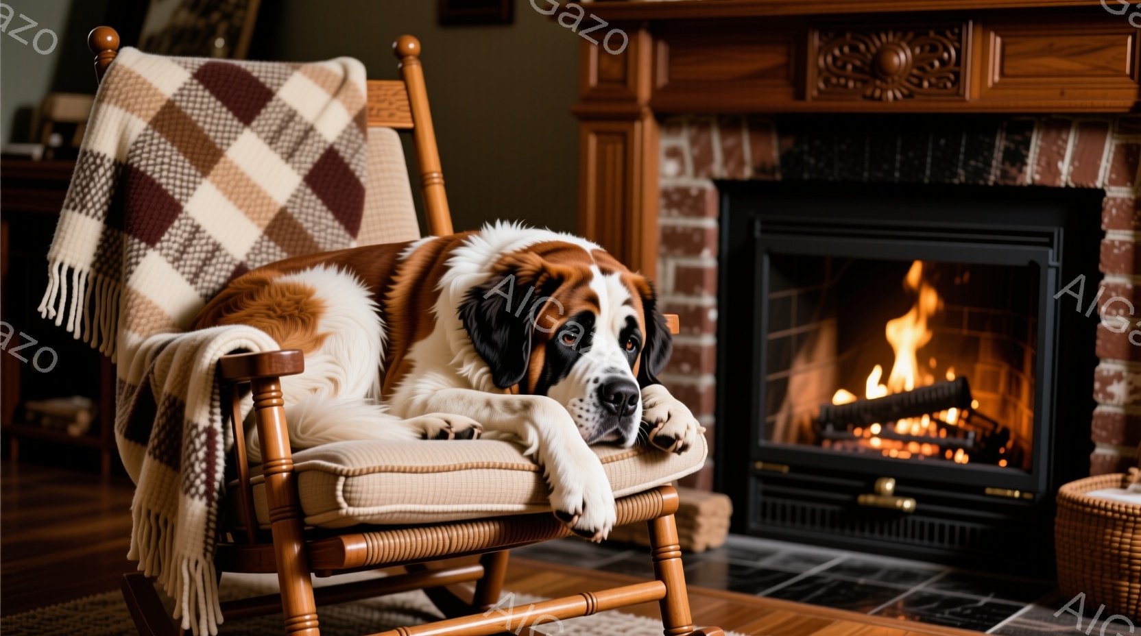 巨大なセント・バーナード犬がロッキングチェアに横たわり、リラックスした表情でカメラを見つめています。背景には暖炉があり、炎が燃え盛って暖かく居心地の良い雰囲気を醸し出しています。木製の床と暖炉のレンガ - AI生成フリー素材