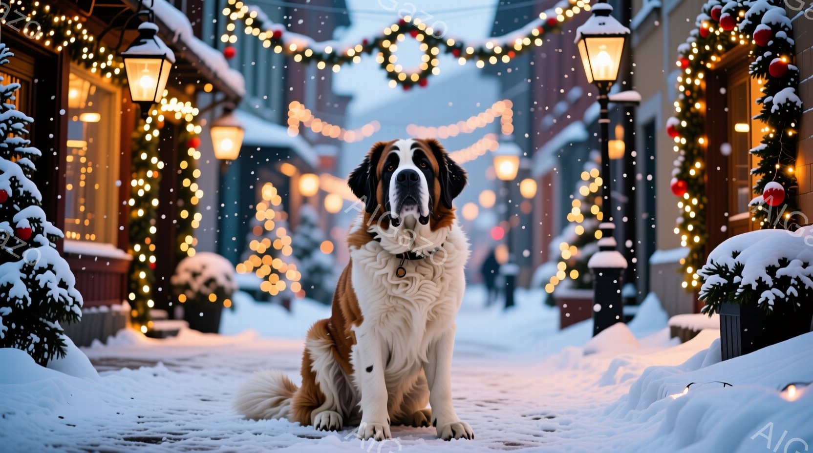 白と茶色のセントバーナード犬が雪に覆われた石畳の道に座っています。背景には、クリスマスライトで飾られた建物が並び、遠くにぼんやりと人物が見えます。雪が舞い散る冬の夜の、暖かく穏やかな雰囲気が漂っていま - AI生成フリー素材