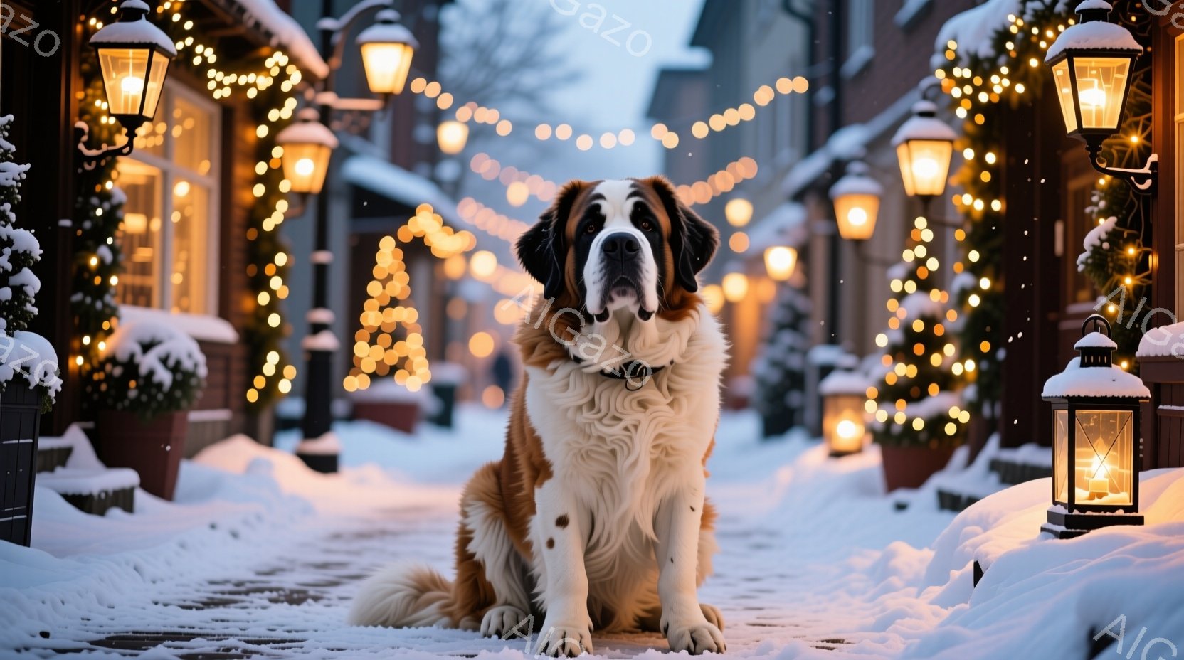 雪に覆われた通りに、毛並みの美しいセントバーナード犬が座っています。犬は茶色と白の毛並みで、首輪をつけており、穏やかで落ち着いた表情をしています。背景には、イルミネーションで飾られた建物や植物が見え、 - AI生成フリー素材