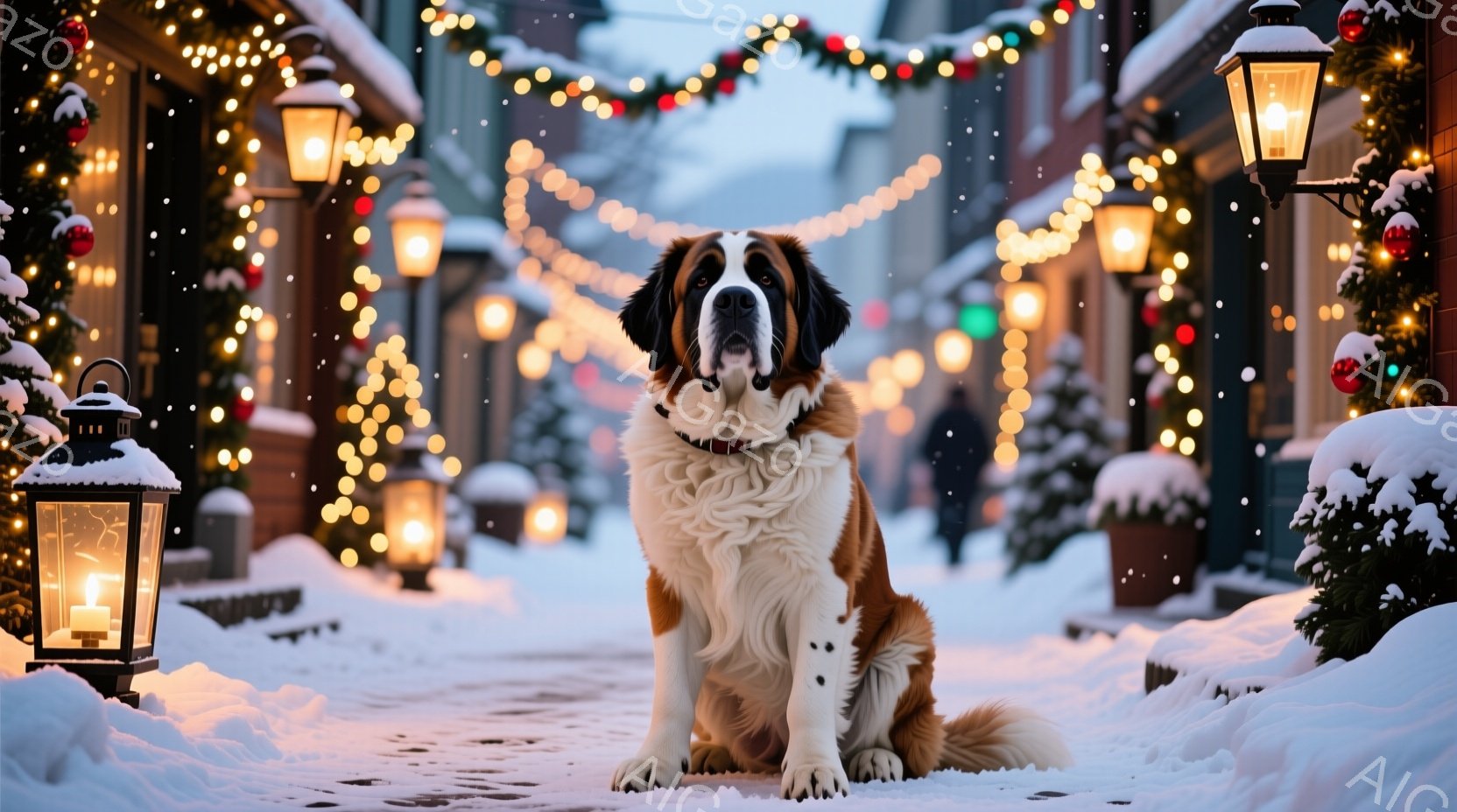 雪に覆われた通りの真ん中に、大きなセント・バーナード犬が座っています。犬は赤色の首輪をつけており、少し誇らしげな表情で正面を見ています。背景には、キラキラと輝くイルミネーションと、雪化粧された建物や植物があり、冬の暖かく幻想的な雰囲気を醸し出しています。