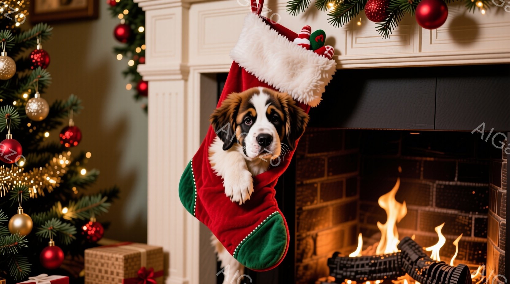 クリスマスツリーの背景に、赤いストッキングに顔を出したセント・バーナードの子犬がいます。子犬は少し困ったような表情で、クリスマスの飾り付けられた暖炉の前に座っています。暖炉には火が灯っており、全体的に - AI生成フリー素材