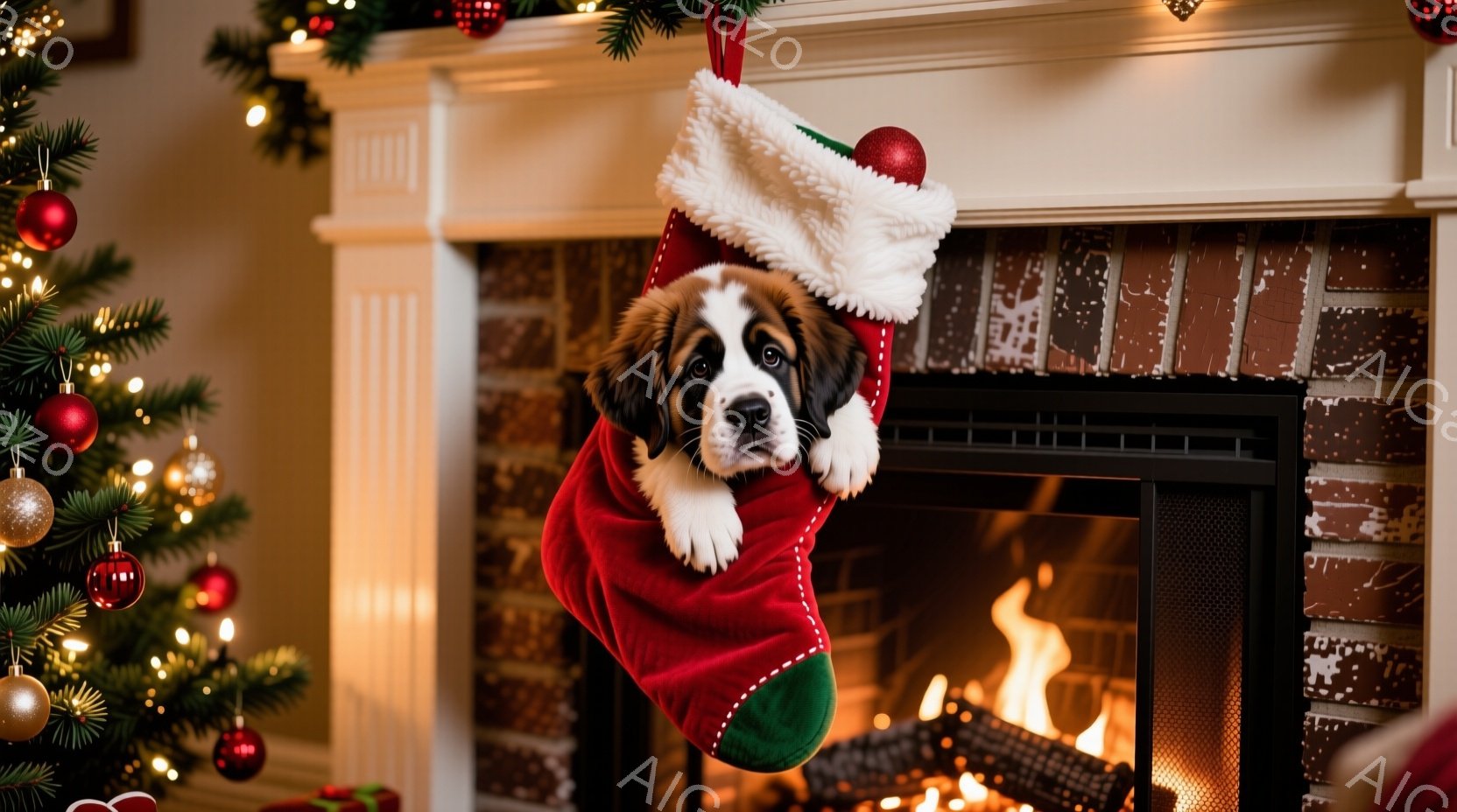 暖炉の前に飾られたクリスマスツリーと、赤い靴下から顔を出しているセントバーナードの子犬が写っています。子犬は少し困ったような表情で、前足を出して靴下から覗き込んでいます。背景には暖炉の火が燃え盛ってお - AI生成フリー素材
