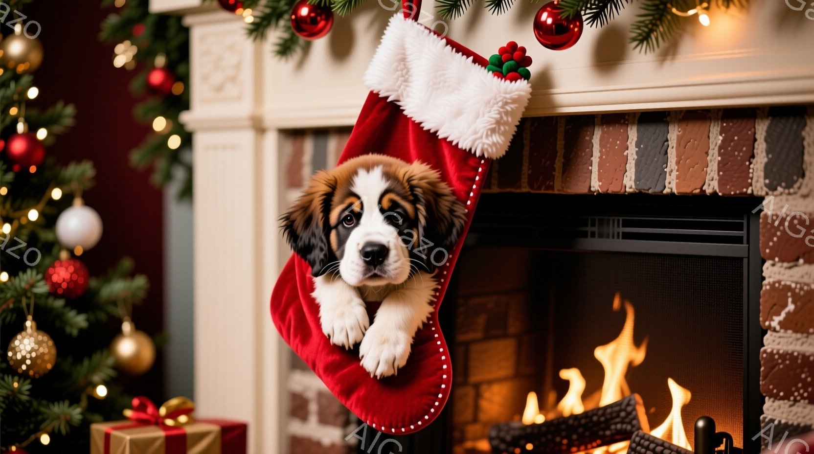 赤いクリスマスストッキングの中から、セントバーナードの子犬が顔を出しています。子犬は少し困ったような表情で、前足をストッキングの縁にかけ、好奇心旺盛にこちらを見ています。背景には、クリスマスツリーの飾 - AI生成フリー素材