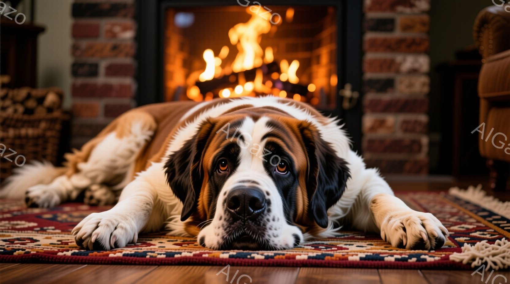 大きなセントバーナード犬が、カラフルな模様の絨毯の上に横たわっています。その表情は穏やかで、まるでリラックスしているようです。背景には暖炉があり、炎が燃え盛っており、温かく居心地の良い雰囲気を醸し出し - AI生成フリー素材