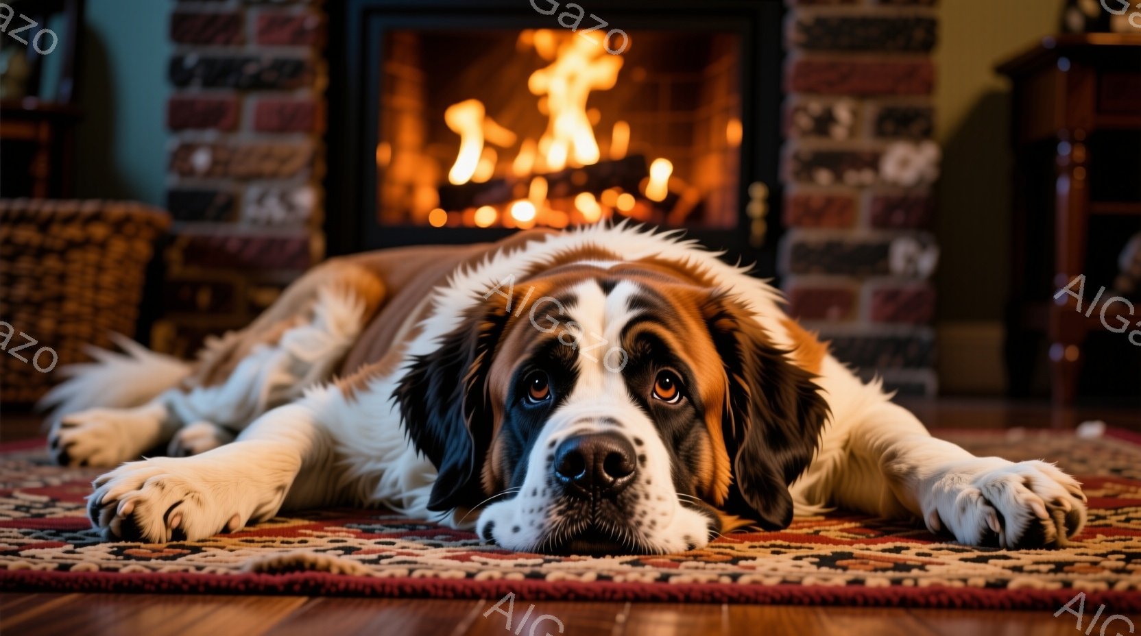 大きなセントバーナード犬が、鮮やかなペルシャ絨毯の上にうつ伏せになってリラックスしています。背景には暖炉があり、オレンジ色の炎が心地よい温かさを感じさせます。犬の表情は穏やかで、部屋全体に安らぎと温か - AI生成フリー素材