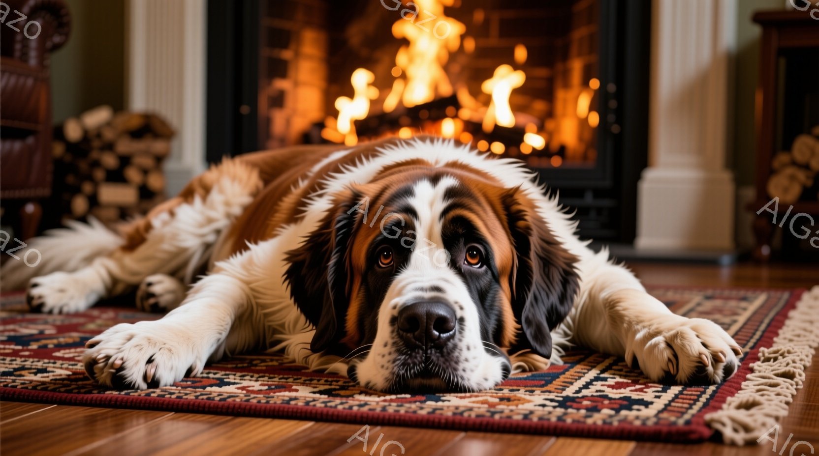 大きなセントバーナード犬が、ペルシャ絨毯の上にうつ伏せになってリラックスしています。暖炉の火が暖かく光り、犬の優しい表情と合わせて穏やかな雰囲気を醸し出しています。木製の床と暖炉の周りの装飾が、居心地 - AI生成フリー素材