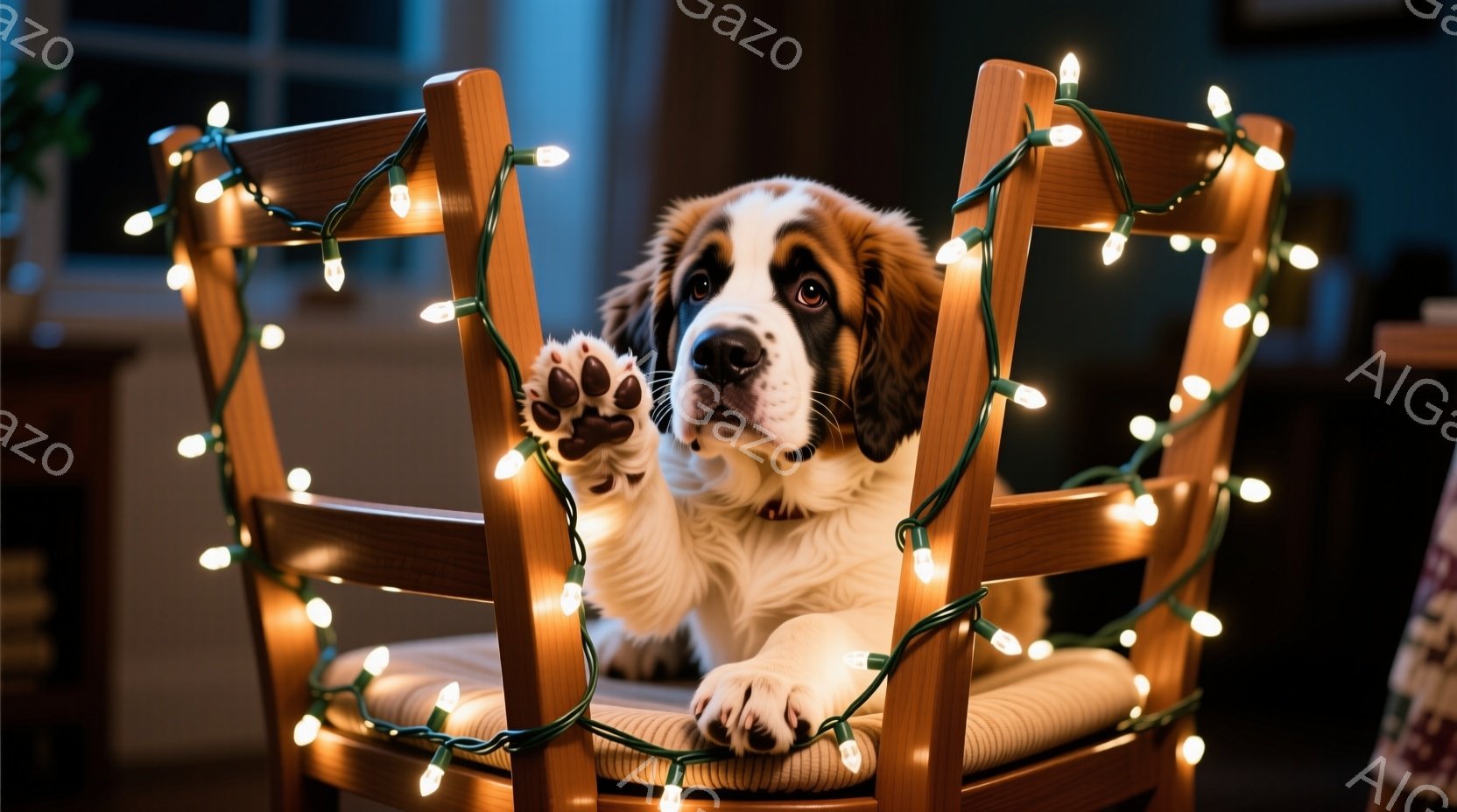 雪がちらつく家の外階段に、大型のセントバーナード犬が立っている。犬は堂々とした姿勢で、正面をまっすぐ見つめており、その表情は穏やかで威厳がある。背景にはクリスマスリースが飾られた玄関ドアと、積み重ねら - AI生成フリー素材