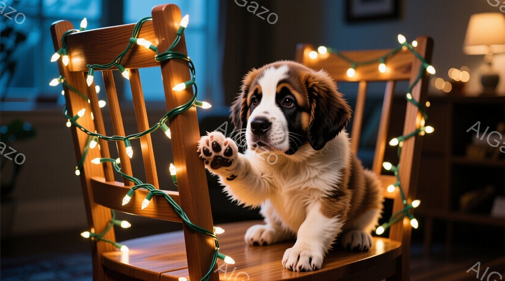 暖炉のある室内で、毛むくじゃらの子犬が椅子に座り、片足を上げています。椅子にはオレンジ色のイルミネーションライトが巻き付けられ、暖かく、お祝いの雰囲気を醸し出しています。背景は少しぼやけており、落ち着 - AI生成フリー素材