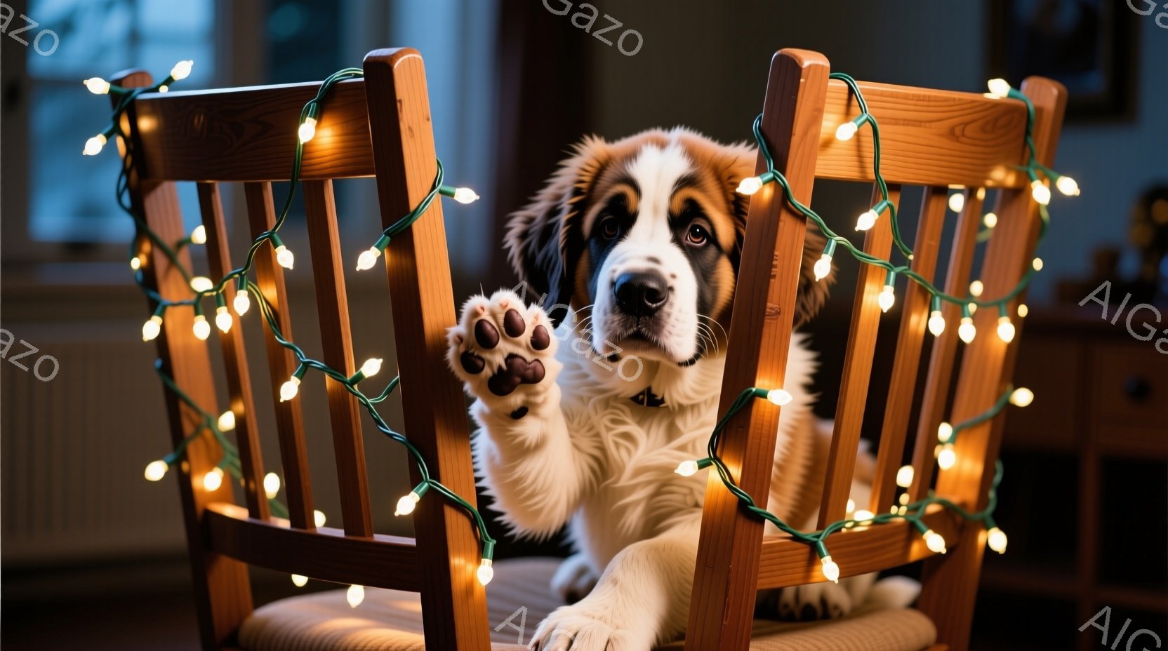 雪景色の中に、プレゼントの山を積んだ赤いそりが置かれています。大きなセントバーナード犬がそりの隣に横たわり、穏やかな表情でこちらを見ています。背景は雪で覆われた木々で、静かで温かいクリスマスの雰囲気を - AI生成フリー素材