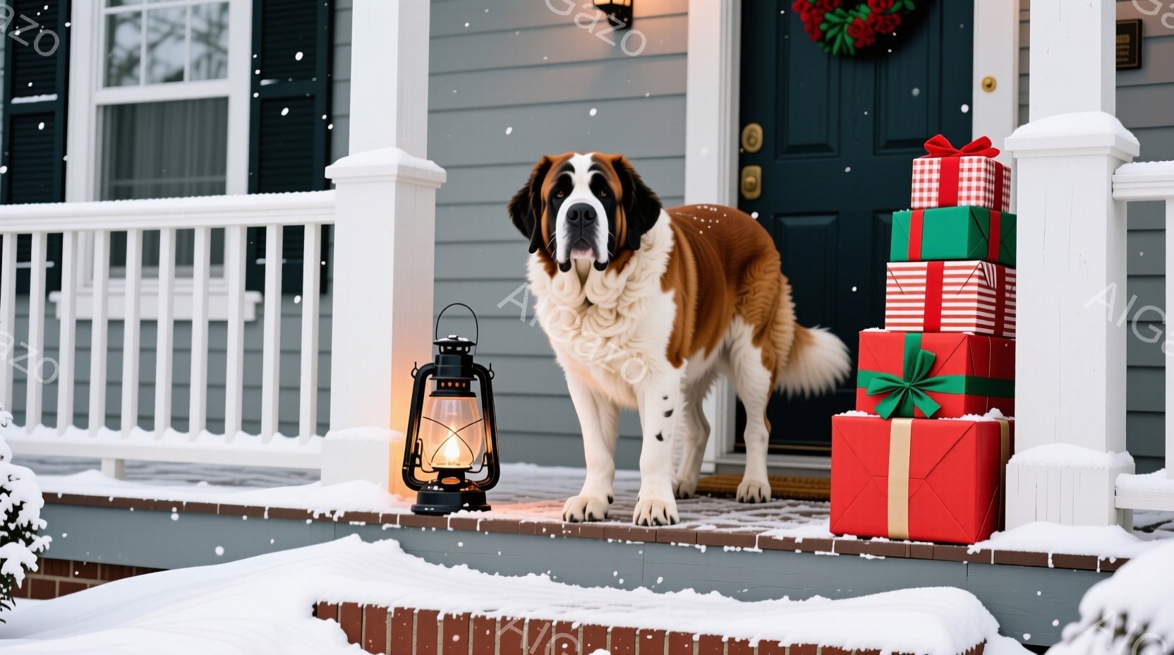 大きなセント・バーナード犬が雪に覆われた家の玄関先に立っている。背景にはクリスマスリースが飾られたドアと積み上げられたプレゼントの箱が並び、暖かくお祝いムードを演出している。雪が舞い降りる冬の日の穏や - AI生成フリー素材