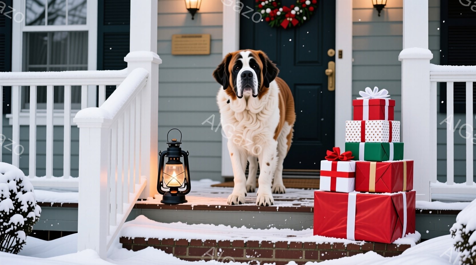 白い毛並みの大型犬が、雪の積もった家の玄関前に立っている。背後には、クリスマスプレゼントのようにラッピングされた箱が積み重ねられており、左側には点灯したランタンが置かれている。雪が舞い散る冬の穏やかな - AI生成フリー素材