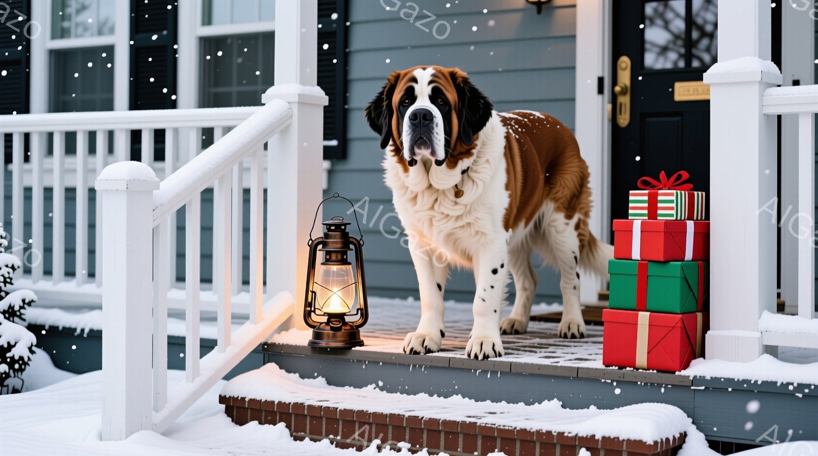 雪が降る家の玄関先に、大きなセント・バーナード犬が立っている。犬は茶色と白の毛並みで、自信に満ちた表情で正面を見つめている。背景には、クリスマスプレゼントの山と、灯りを灯したランタンが置かれ、温かく穏 - AI生成フリー素材