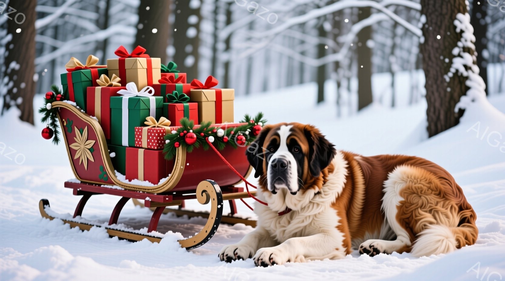 雪景色の中に、赤いそりがプレゼントでいっぱいになって置かれています。大きなセントバーナード犬がそりの横に横たわり、穏やかな表情でこちらを見ています。背景は雪に覆われた木々で、冬の静けさと暖かさを感じさ - AI生成フリー素材