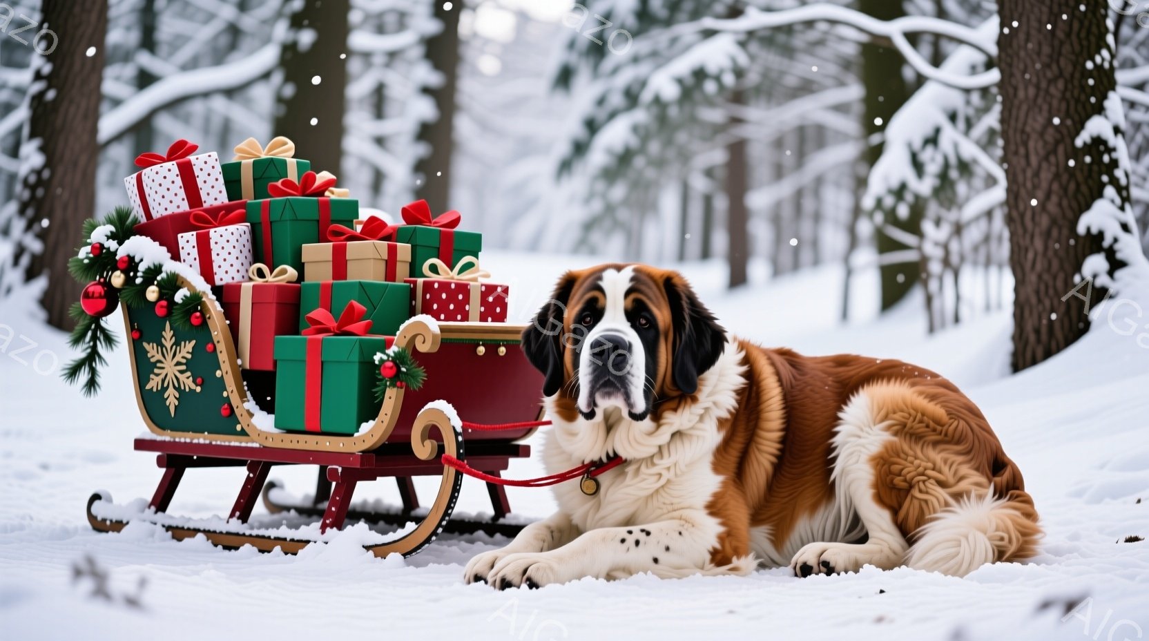 大柄なセント・バーナード犬が雪景色の中に横たわり、赤いそりに山積みのプレゼントが飾られています。犬は落ち着いた表情で、首輪には赤いリボンが結ばれています。背景は雪に覆われた木々が立ち並ぶ森で、冬の静寂と温かいクリスマスの雰囲気を醸し出しています。