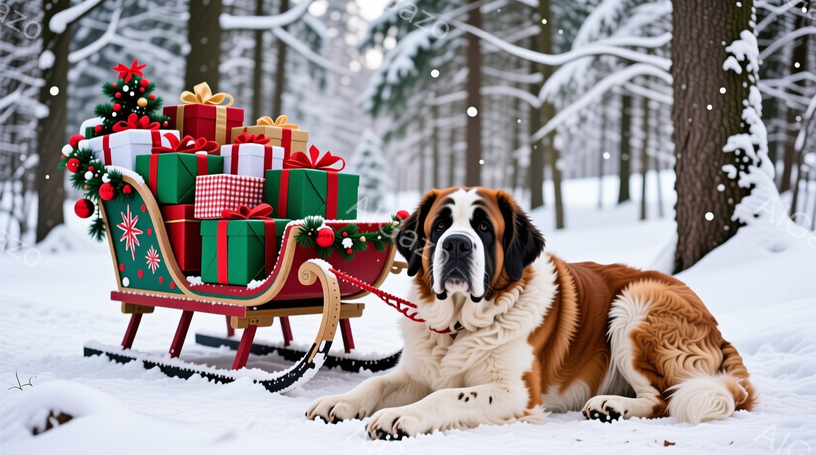 大きなセントバーナード犬が窓際に座り、雪景色を物憂げに見つめている。窓台には数本の光るキャンドルが置かれ、暖かく落ち着いた雰囲気を醸し出している。背景には雪に覆われた家々がぼんやりと見え、冬の静けさと - AI生成フリー素材