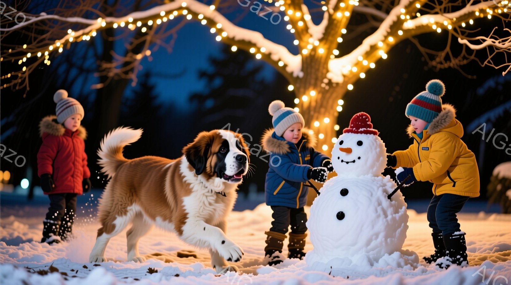 雪景色の中で、赤いコートを着た少年、青いコートを着た少年、そして黄色いコートを着た少年が、大きな雪だるまの顔を作っています。大型のセントバーナード犬が雪の中を駆け抜け、楽しそうに遊んでいます。背景には - AI生成フリー素材
