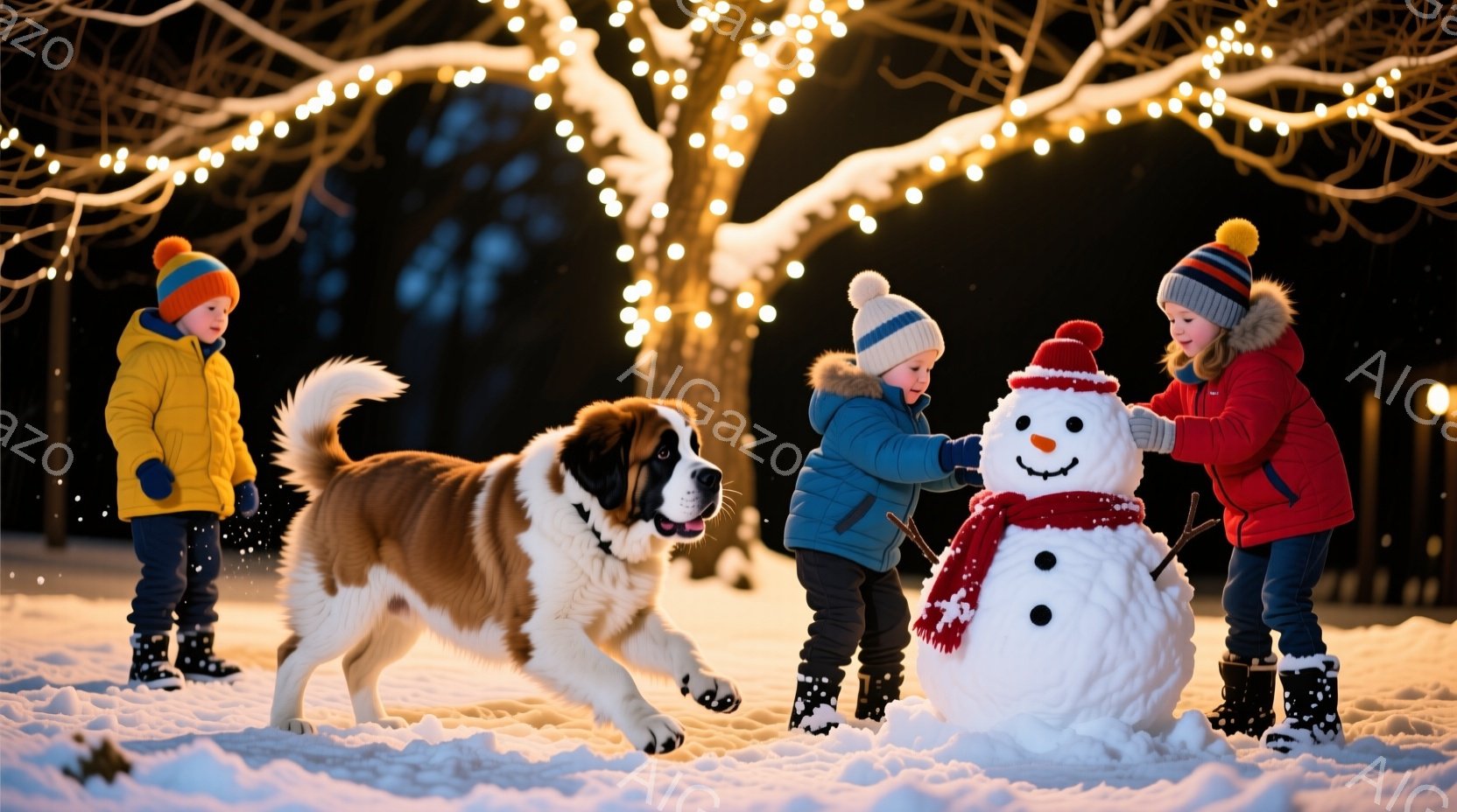雪景色の中で、黄色と青の防寒着を着た二人の子供と、大きなセントバーナード犬が雪だるまを作っている様子が描かれています。子供たちはニット帽をかぶり、雪だるまに目や口、鼻を付けて楽しそうにしている表情です - AI生成フリー素材