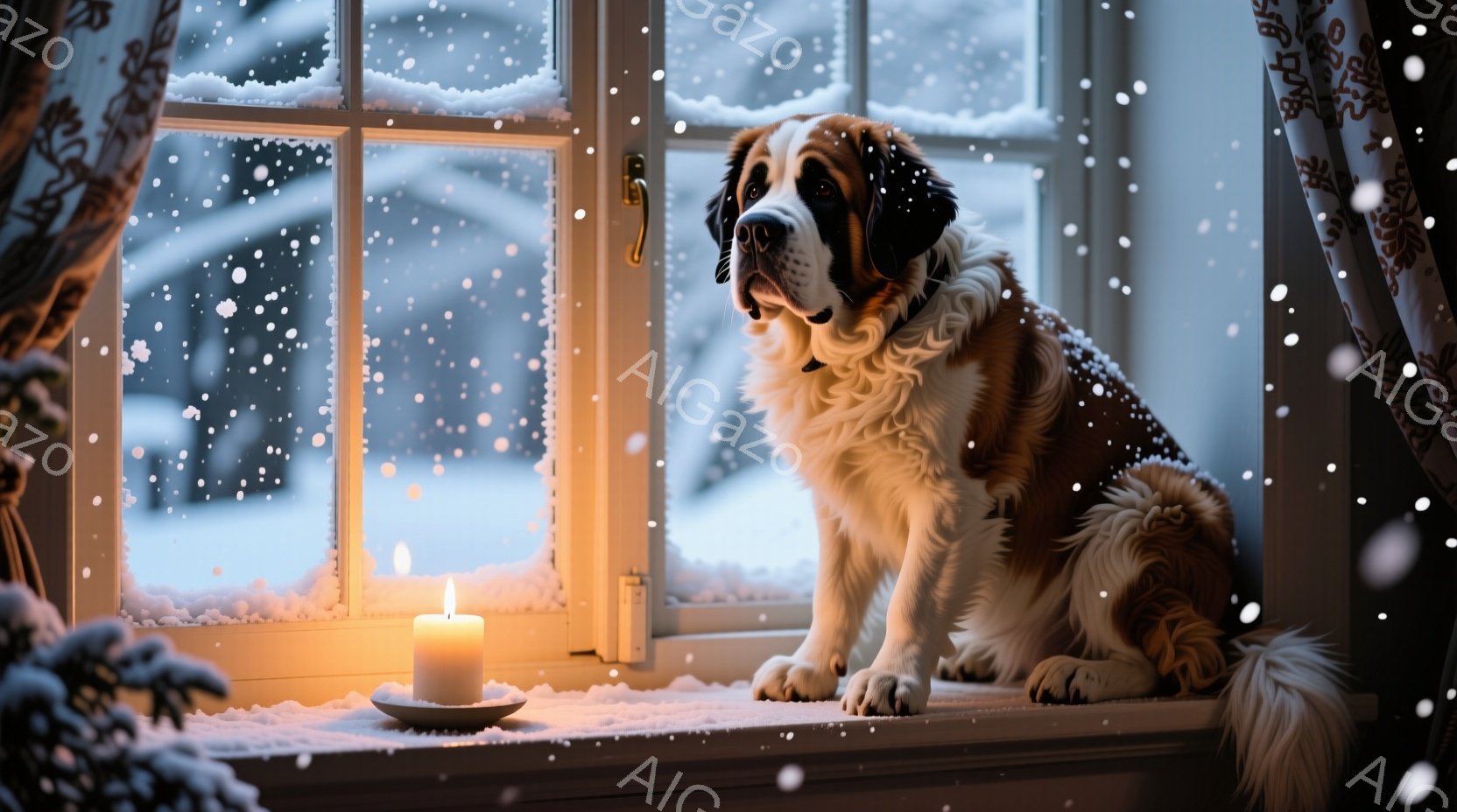白い窓枠に座る大きなセント・バーナード犬が描かれています。外は雪が降り積もり、窓の外には白い景色が広がっています。窓辺には点灯したキャンドルが置かれ、暖かく穏やかな雰囲気を醸し出しています。