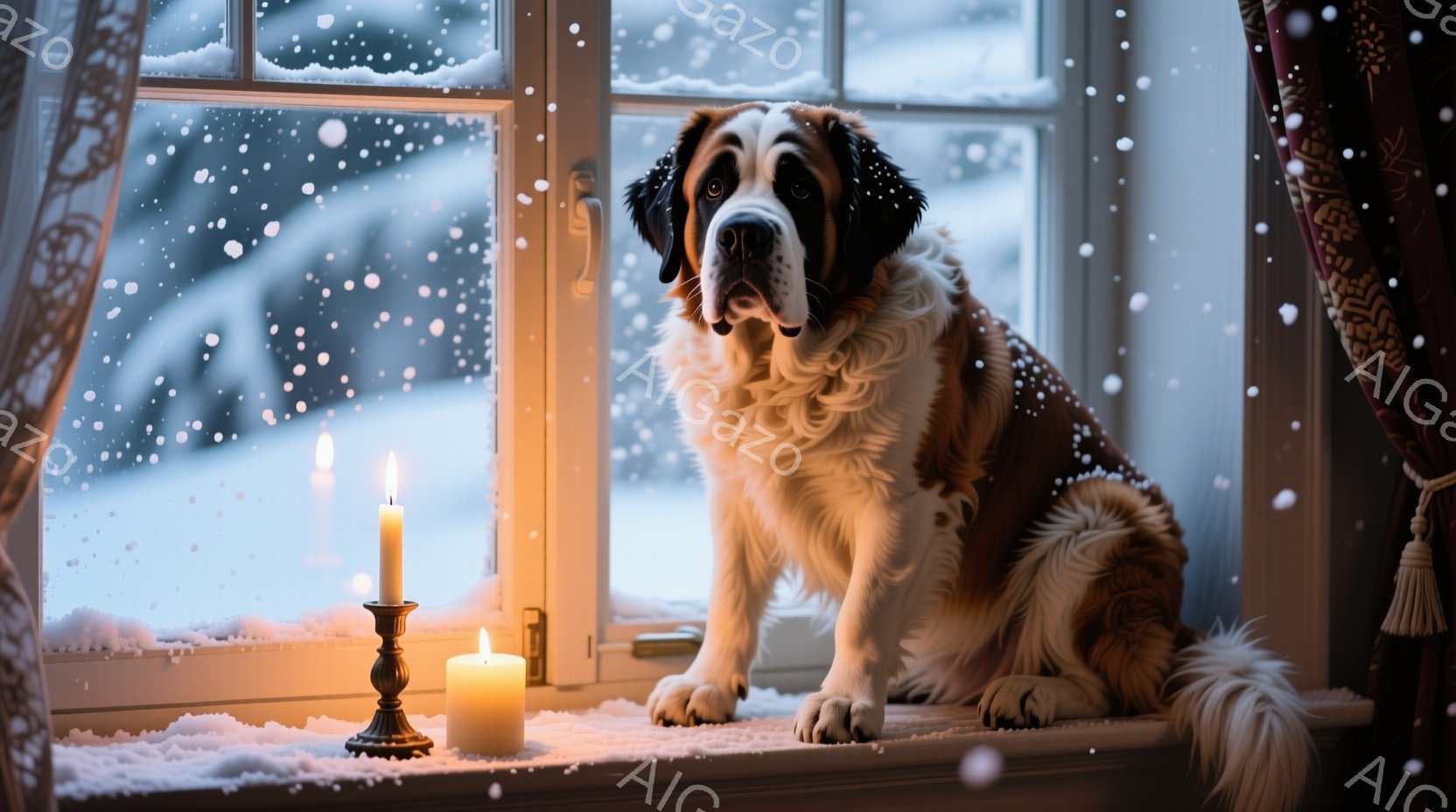 大きなセントバーナード犬が窓辺に座り、外の雪景色を見つめている。窓枠には火の灯ったキャンドルが2本置かれ、暖かく穏やかな雰囲気を醸し出している。背景には雪が降り積もる白い風景が広がり、犬の毛並みとキャ - AI生成フリー素材