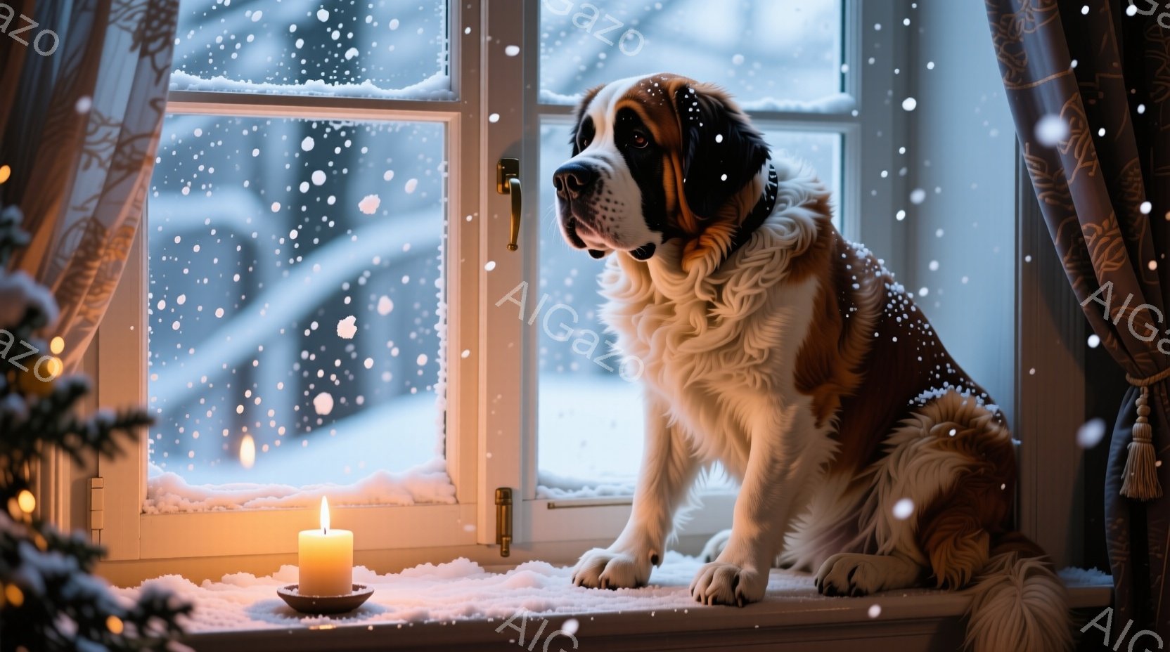 大きなセントバーナード犬が雪景色を眺める窓辺に座っている。窓枠には雪が積もり、近くには点灯したキャンドルが暖かく光っている。背景には雪が舞う冬景色が広がり、クリスマスの飾り付けがほのかな温かさと静けさ - AI生成フリー素材